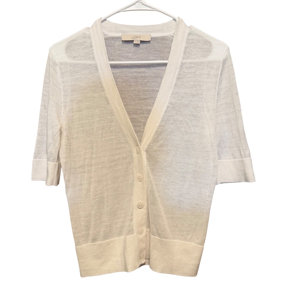 LOFT Womens White Short Sleeve Button Front V-Neck Knit Cardigan Sweater Size S